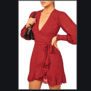 Reformation Clare Embroidered Wrap Dress
